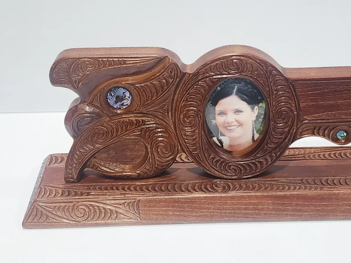 Hand Carved Māori Design 21st Birthday Key with Paua Shell Inlay & Photo Frame – Large Display Stand