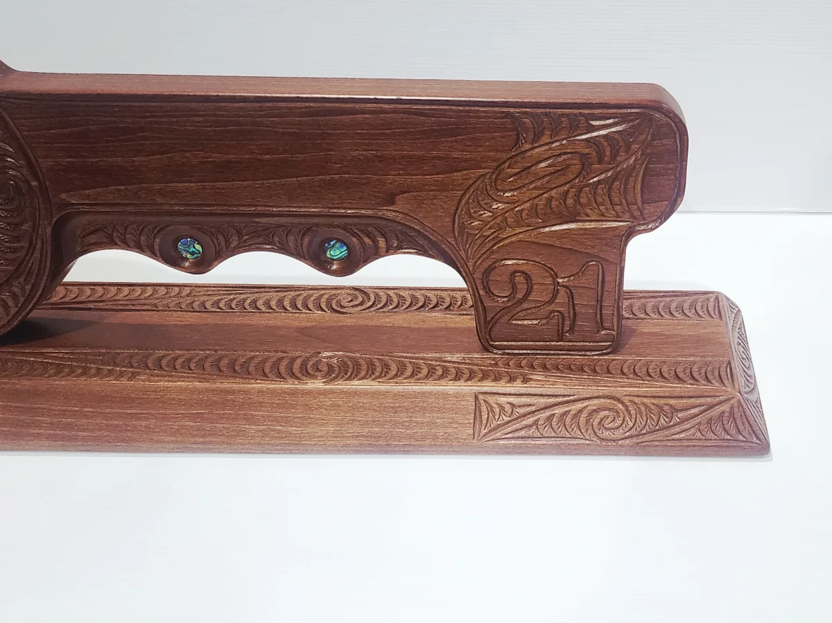 Hand Carved Māori Design 21st Birthday Key with Paua Shell Inlay & Photo Frame – Large Display Stand
