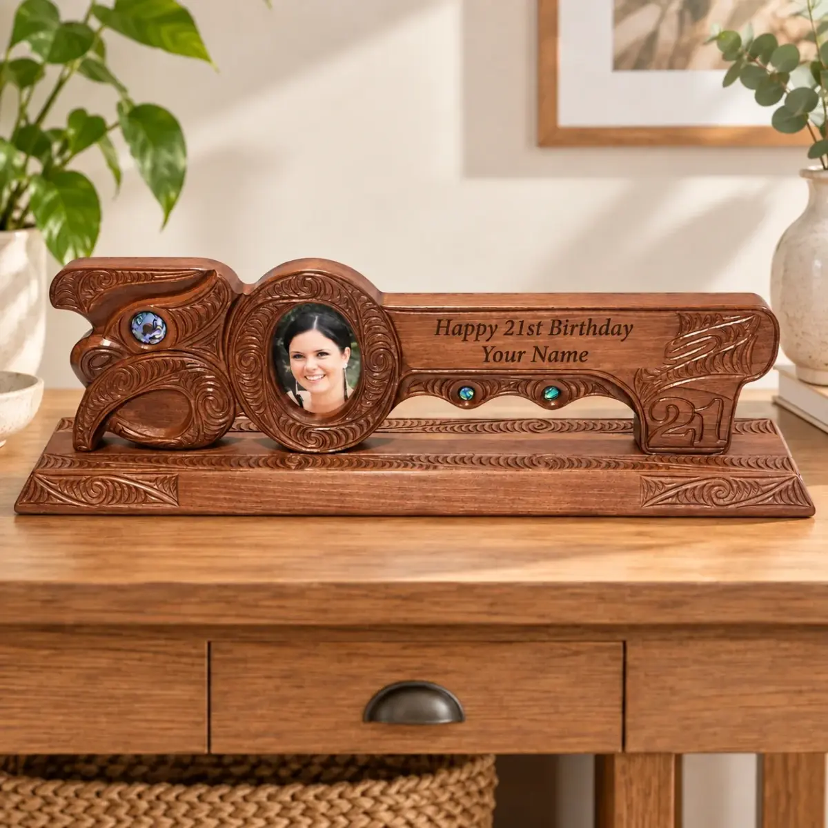Hand Carved Māori Design 21st Birthday Key with Paua Shell Inlay & Photo Frame – Large Display Stand