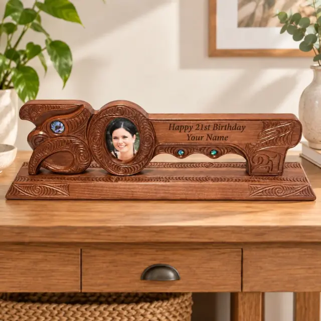 Hand Carved Māori Design 21st Birthday Key with Paua Shell Inlay & Photo Frame – Large Display Stand