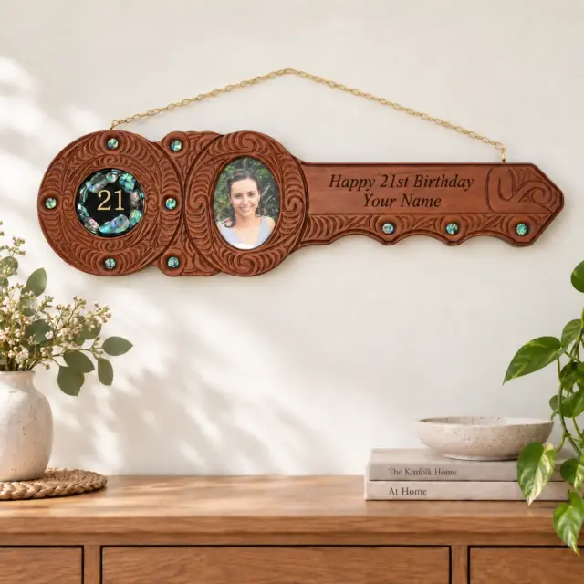 Hand Carved Māori Design 21st Birthday Key with Paua Shell Inlay & Photo Frame - WM434