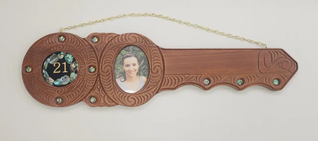 Hand Carved Māori Design 21st Birthday Key with Paua Shell Inlay & Photo Frame - WM434