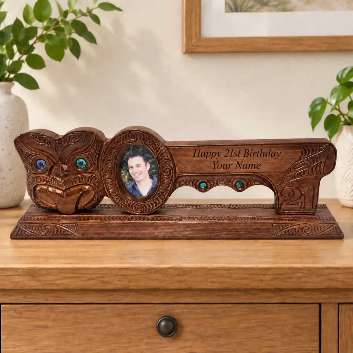 Hand Carved Māori Mask 21st Birthday Key with Paua Shell Eyes & Photo Frame – Large Display Stand