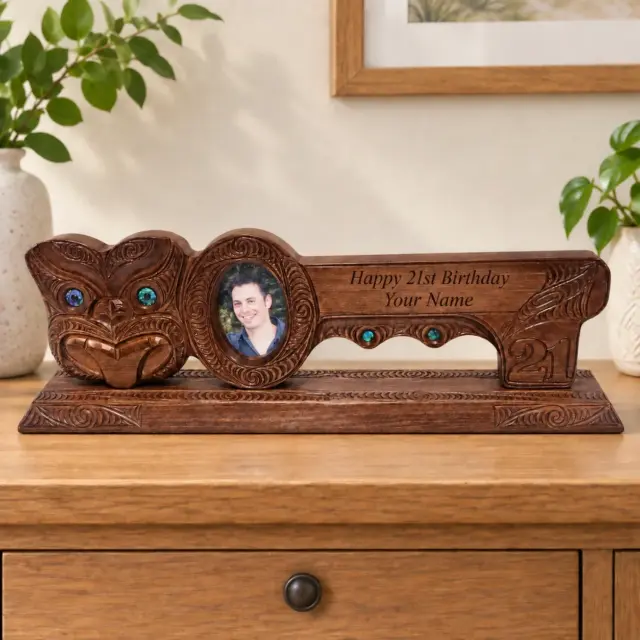Hand Carved Māori Mask 21st Birthday Key with Paua Shell Eyes & Photo Frame – Large Display Stand