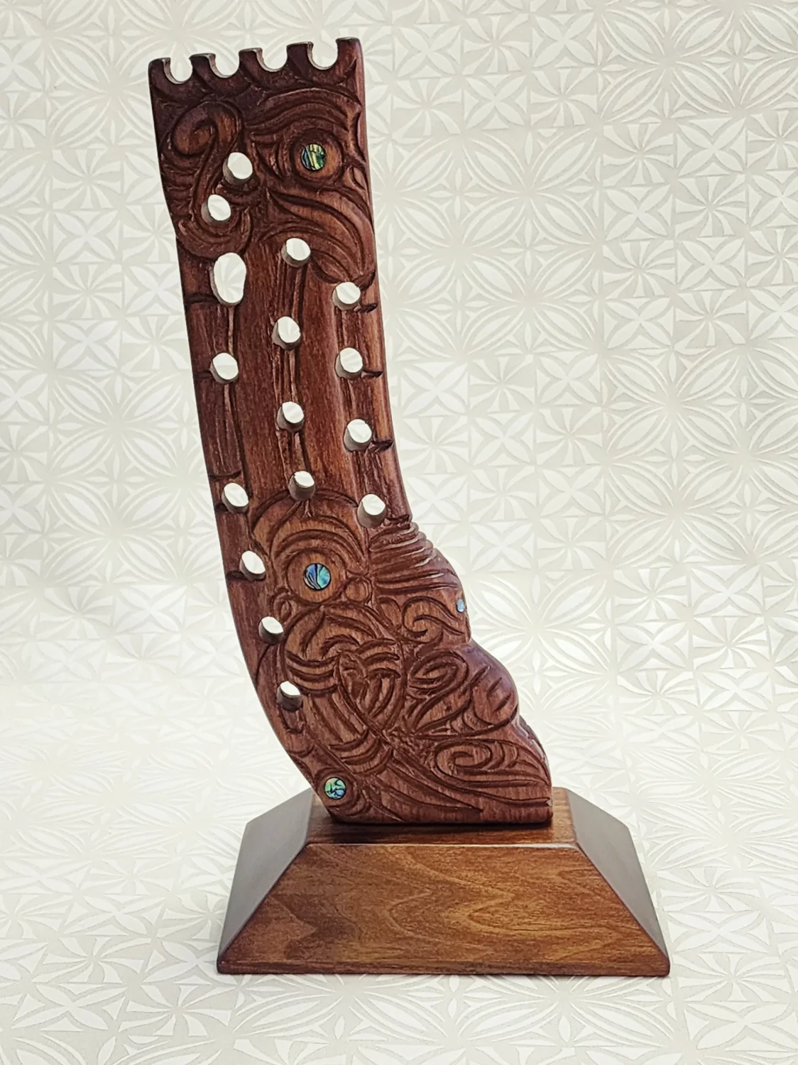 Hand Carved Māori Wooden Stern Post Sculpture with Paua Shell Inlays – Made in New Zealand - WM544