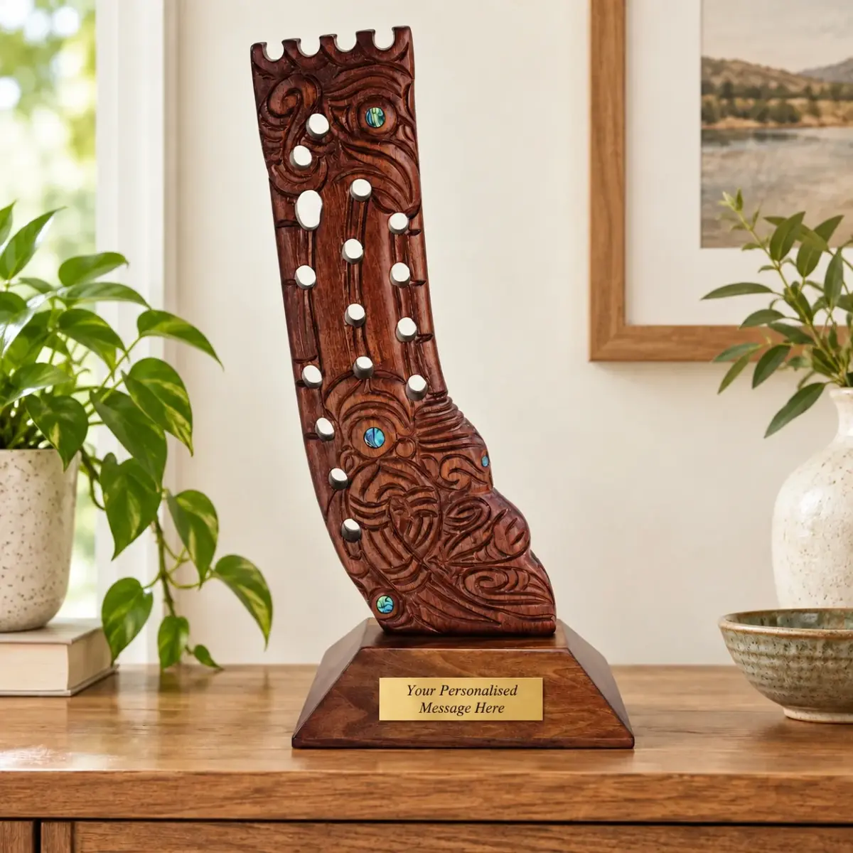 Hand Carved Māori Wooden Stern Post Sculpture with Paua Shell Inlays – Made in New Zealand - WM544