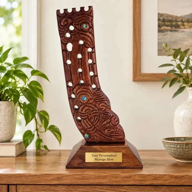 Hand Carved Māori Wooden Stern Post Sculpture with Paua Shell Inlays – Made in New Zealand - WM544