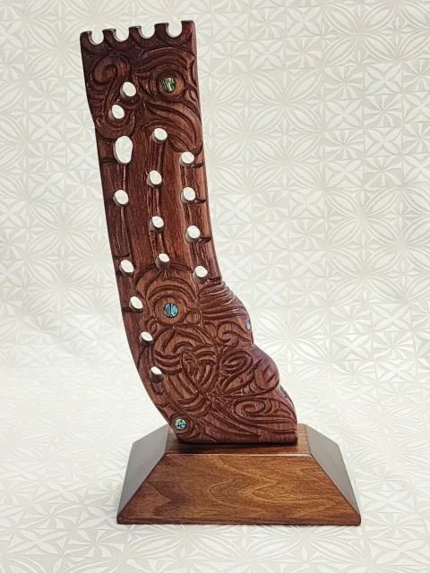 Hand Carved Māori Wooden Stern Post Sculpture with Paua Shell Inlays – Made in New Zealand - WM544