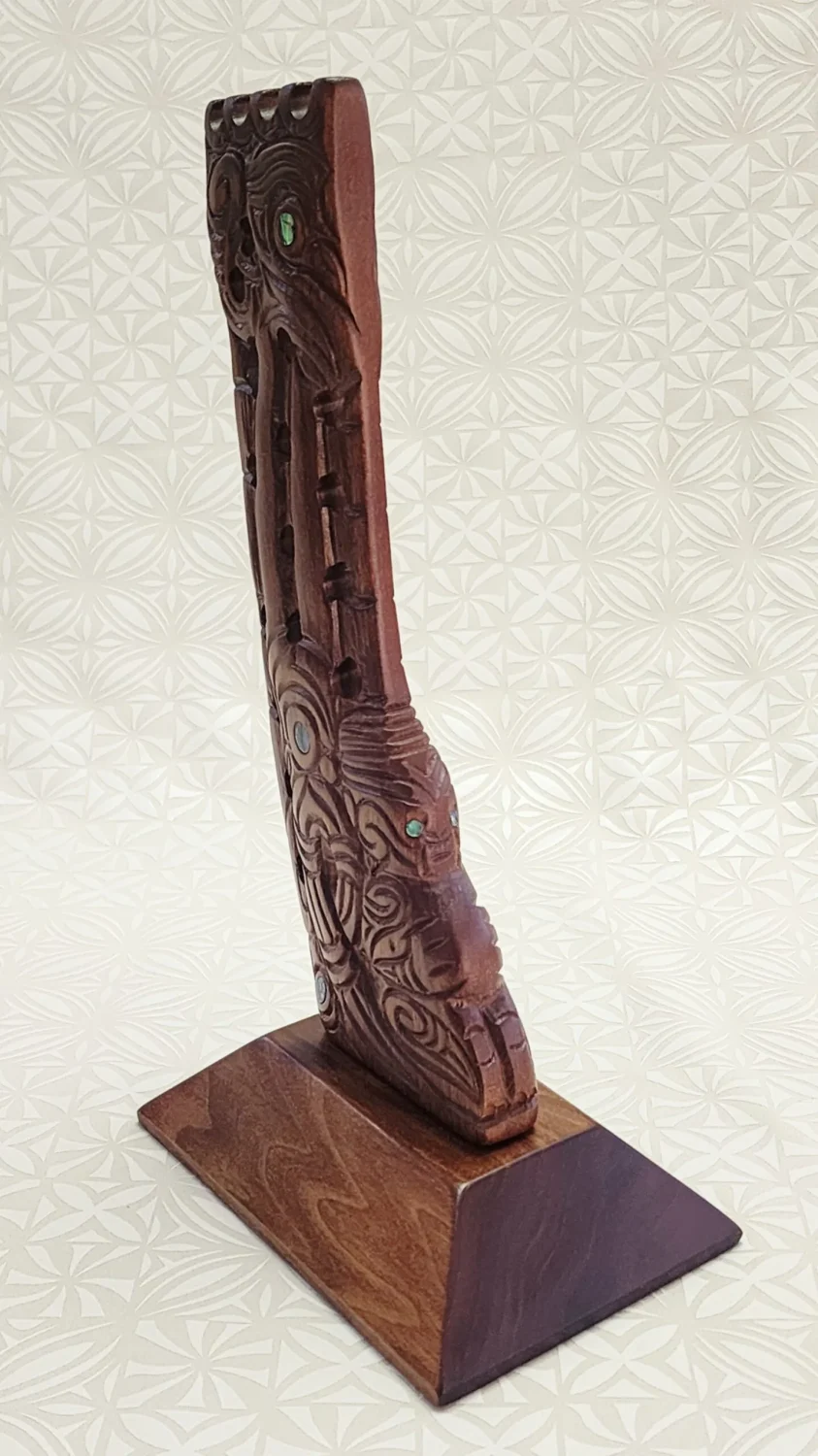 Hand Carved Māori Wooden Stern Post Sculpture with Paua Shell Inlays – Made in New Zealand - WM544