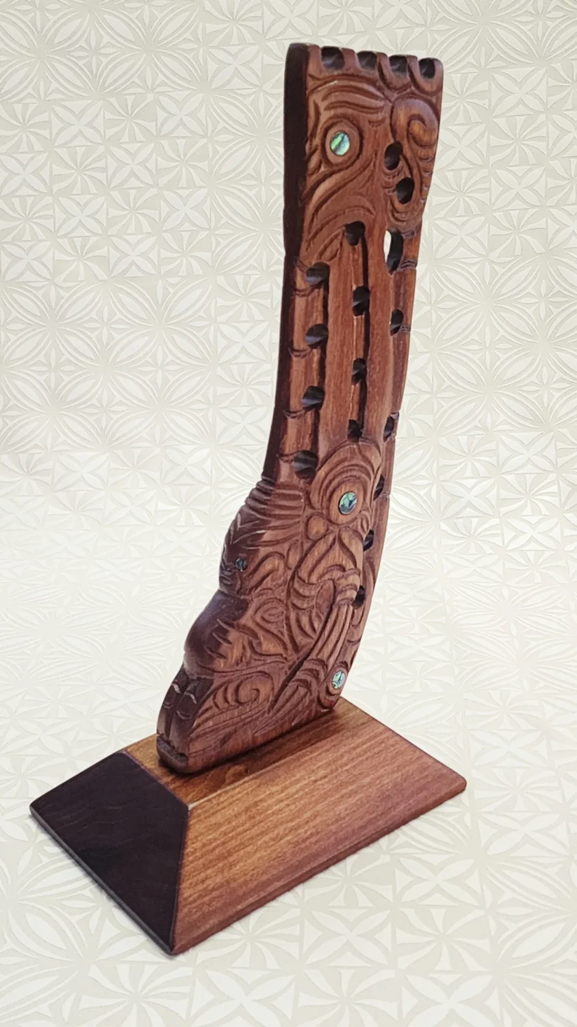 Hand Carved Māori Wooden Stern Post Sculpture with Paua Shell Inlays – Made in New Zealand - WM544