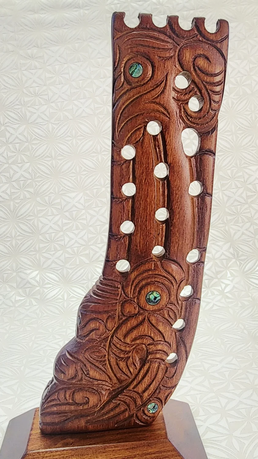 Hand Carved Māori Wooden Stern Post Sculpture with Paua Shell Inlays – Made in New Zealand - WM544
