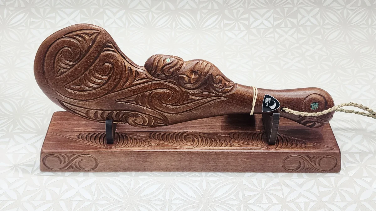 Hand Carved Wahaika on Base with Maori Patterns with Paua Shell Eyes