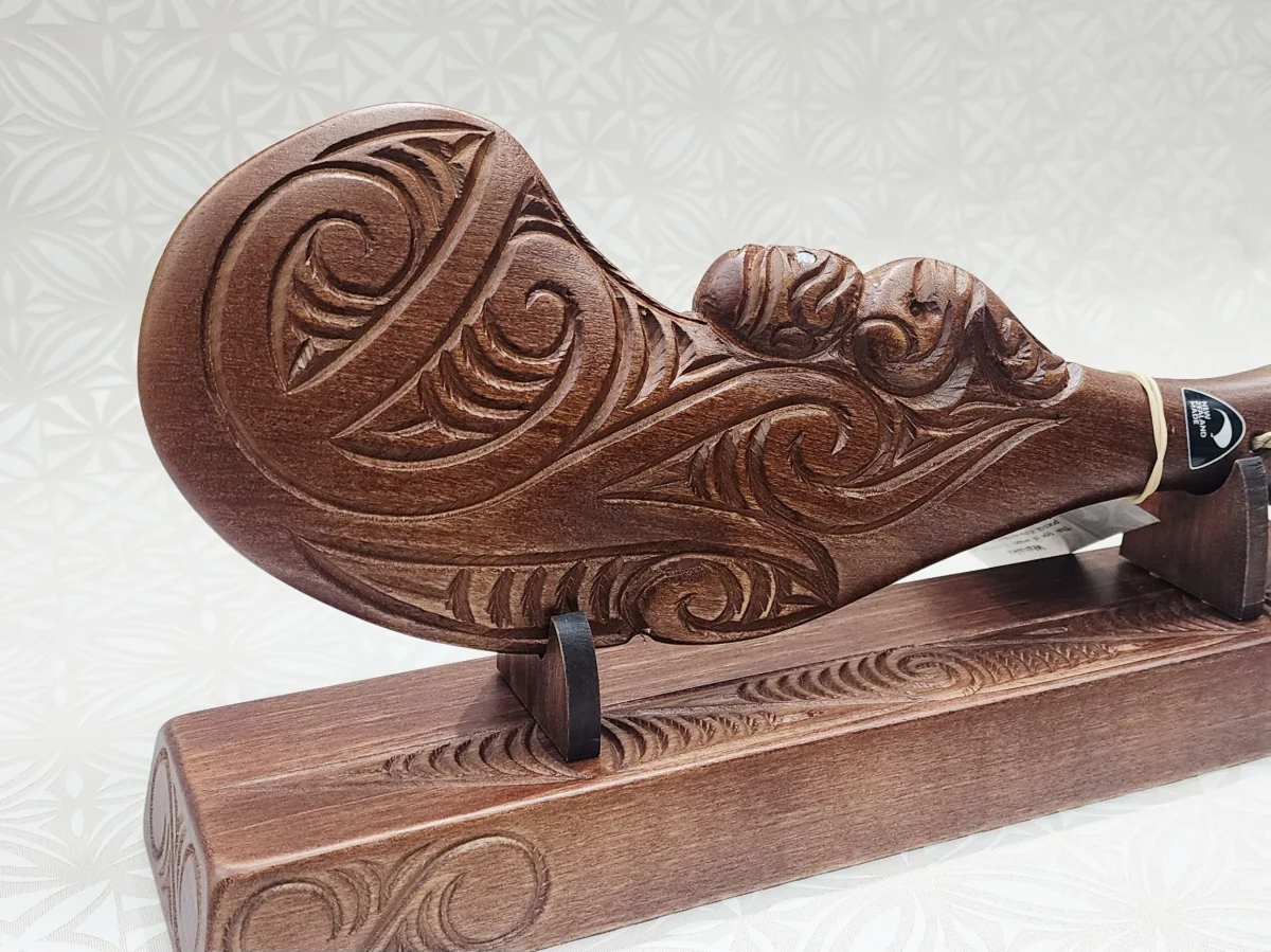 Hand Carved Wahaika on Base with Maori Patterns with Paua Shell Eyes