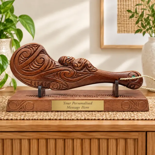 Hand Carved Wahaika on Base with Maori Patterns with Paua Shell Eyes