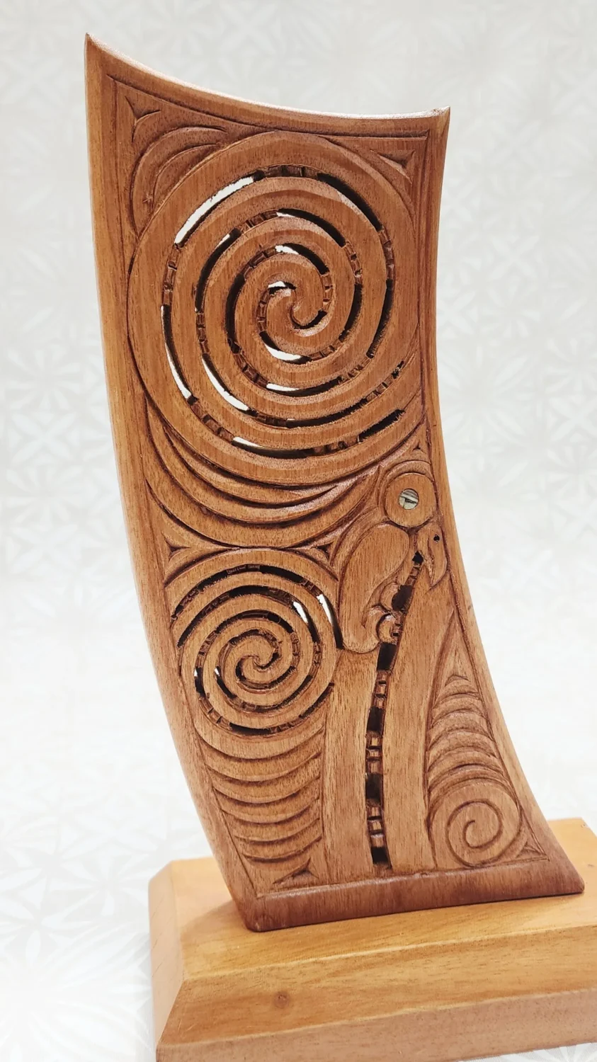 Hand-Carved Wooden Waka Stern on Base – Made in New Zealand