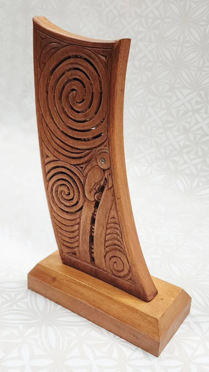 Hand-Carved Wooden Waka Stern on Base – Made in New Zealand