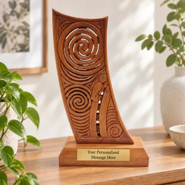 Hand-Carved Wooden Waka Stern on Base – Made in New Zealand