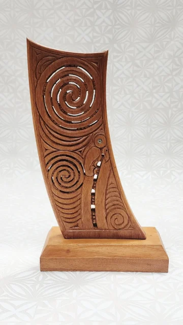 Hand-Carved Wooden Waka Stern on Base – Made in New Zealand