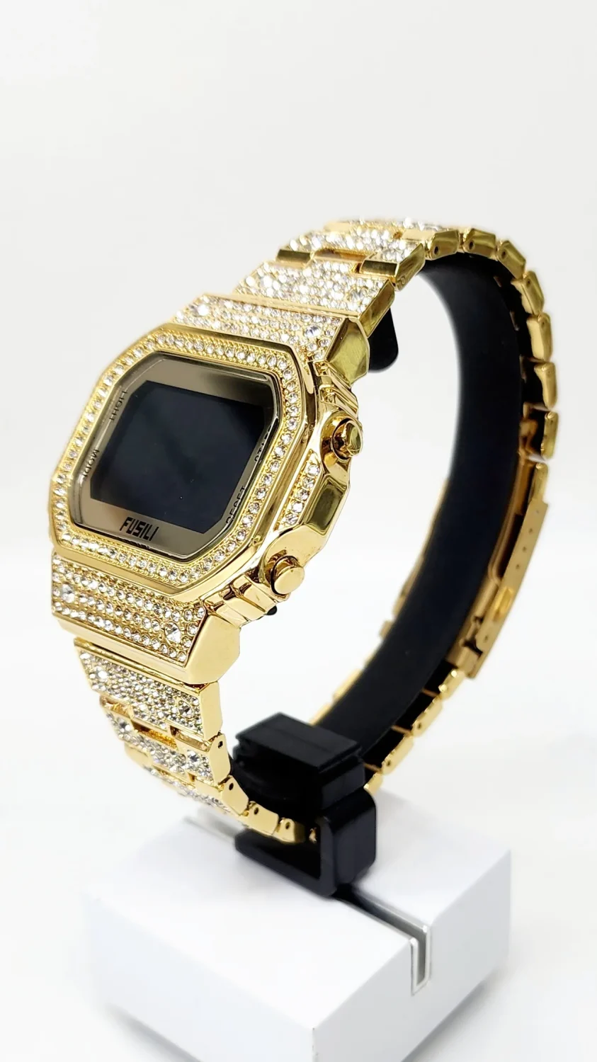 Iced Out Gents Gold Tone Digital Watch - B2853