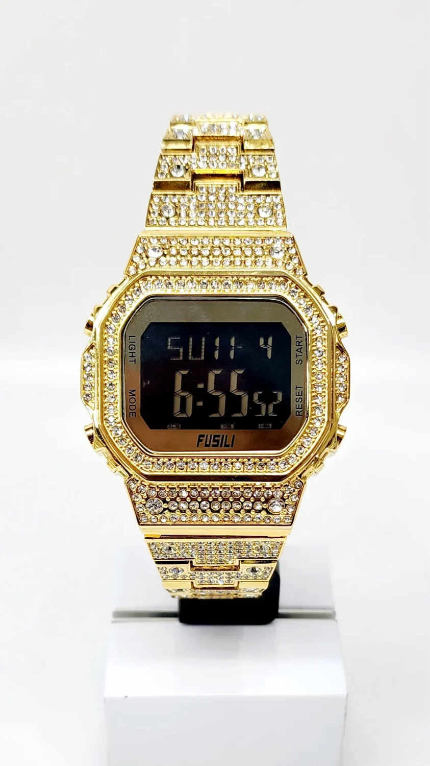 Iced Out Gents Gold Tone Digital Watch - B2853