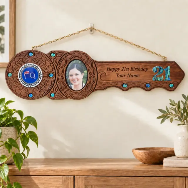 Island Design 21st Birthday Key – Cook Islands Flag with Natural New Zealand Paua Shell Inlays | Handcrafted Tulip Wood Keepsake | Made in New Zealand - WM438PSCIF