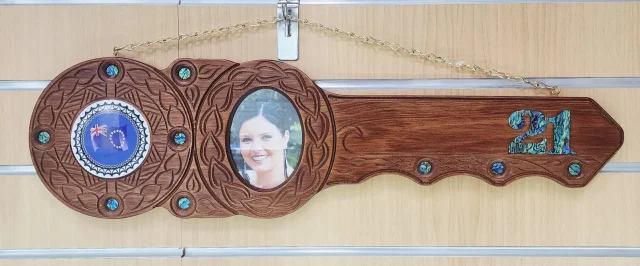 Island Design 21st Birthday Key – Cook Islands Flag with Natural New Zealand Paua Shell Inlays | Handcrafted Tulip Wood Keepsake | Made in New Zealand - WM438PSCIF