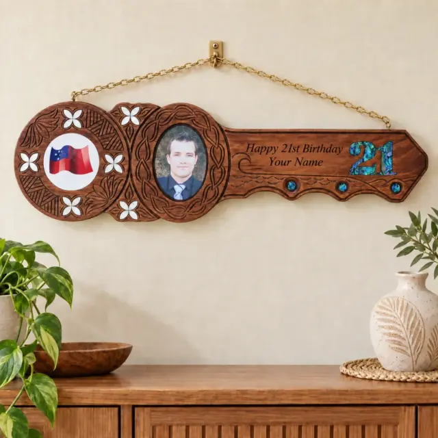 Island Design 21st Birthday Key – Samoan Flag | Handcrafted Tulip Wood Keepsake | Made in New Zealand - WM439MOPSF