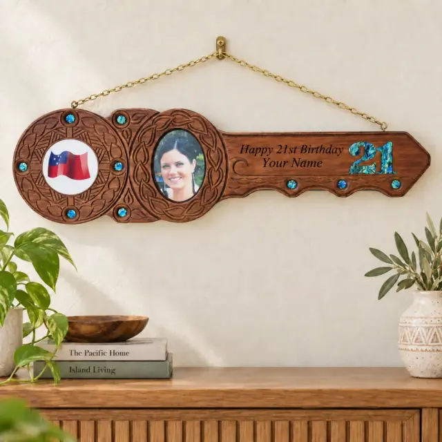 Island Design 21st Birthday Key – Samoan Flag with Natural New Zealand Paua Shell Inlays | Handcrafted Tulip Wood Keepsake | Made in New Zealand - WM438PSSF
