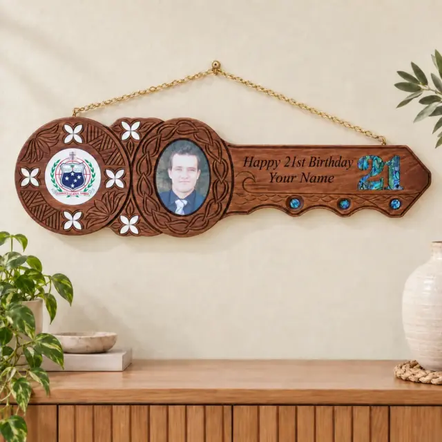 Island Design 21st Birthday Key – Samoan Sila | Handcrafted Tulip Wood Keepsake | Made in New Zealand - WM439MOPSS