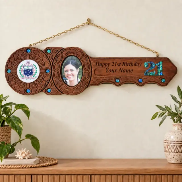 Island Design 21st Birthday Key – Samoan Sila with Natural New Zealand Paua Shell Inlays | Handcrafted Tulip Wood Keepsake | Made in New Zealand - WM438PSSS
