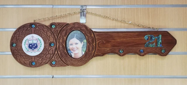 Island Design 21st Birthday Key – Samoan Sila with Natural New Zealand Paua Shell Inlays | Handcrafted Tulip Wood Keepsake | Made in New Zealand - WM438PSSS