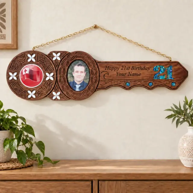 Island Design 21st Birthday Key – Tongan Flag | Handcrafted Tulip Wood Keepsake | Made in New Zealand - WM439MOPTF