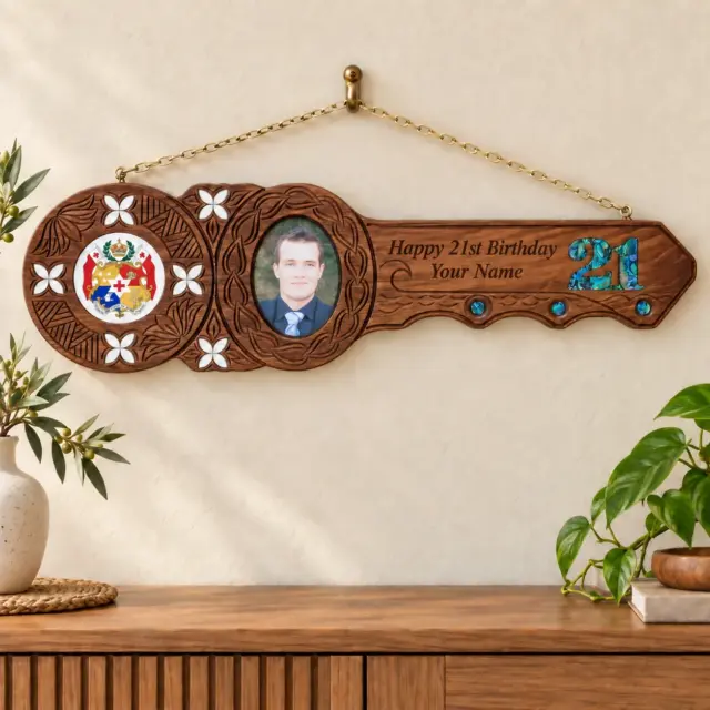 Island Design 21st Birthday Key – Tongan Sila | Handcrafted Tulip Wood Keepsake | Made in New Zealand - WM439MOPTS