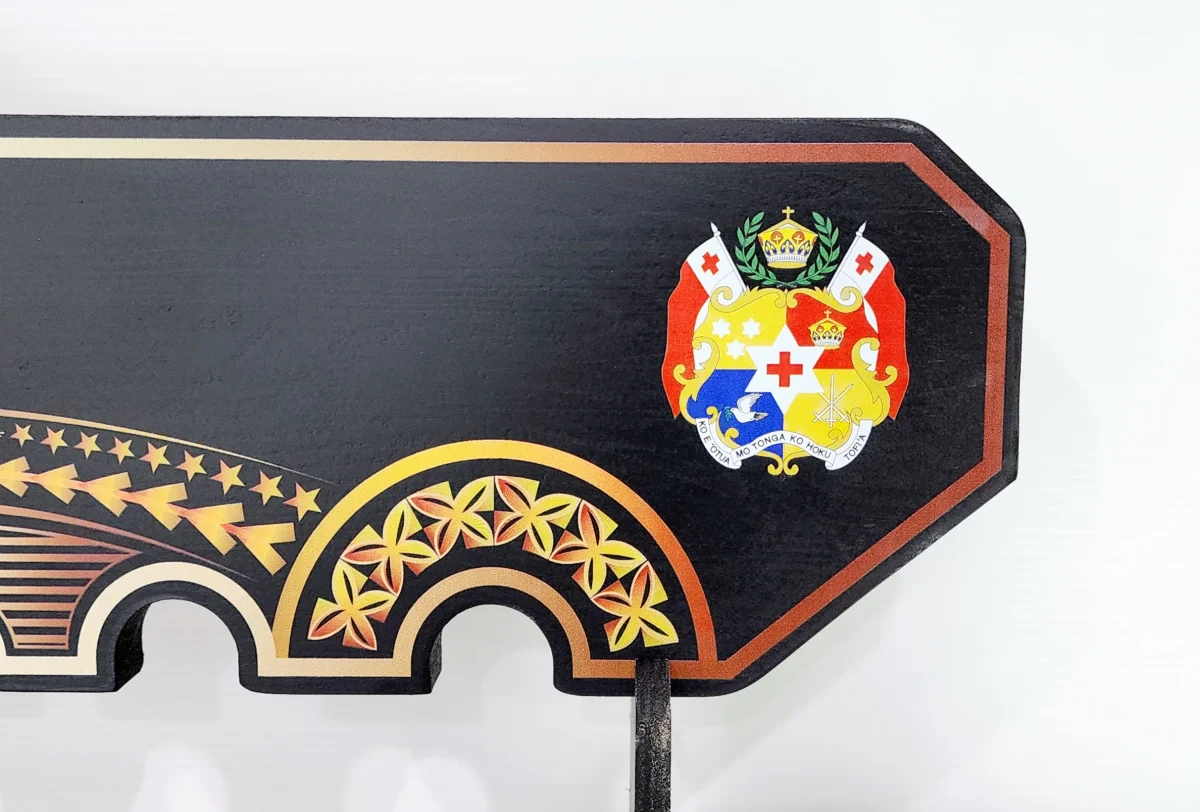Island Design Golden Red Theme Colour UV Printed Birthday Key with Coloured Tongan Sila and Matching Colour Stand