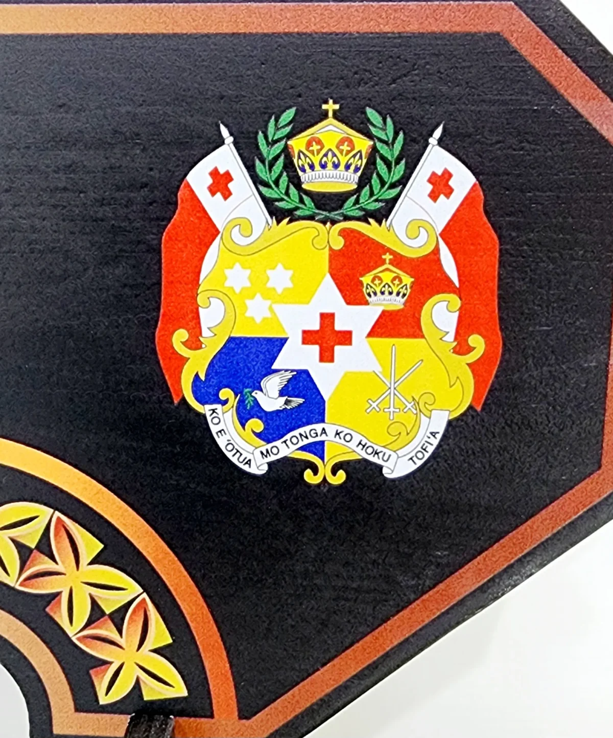 Island Design Golden Red Theme Colour UV Printed Birthday Key with Coloured Tongan Sila and Matching Colour Stand