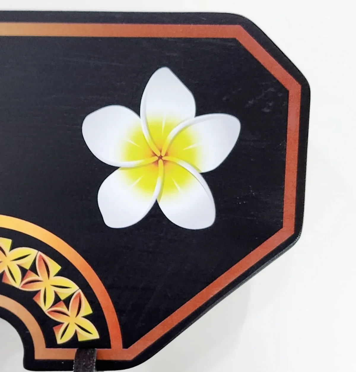 Island Design Golden Red Theme Colour UV Printed Birthday Key with White Frangipani Flower and Matching Colour Stand