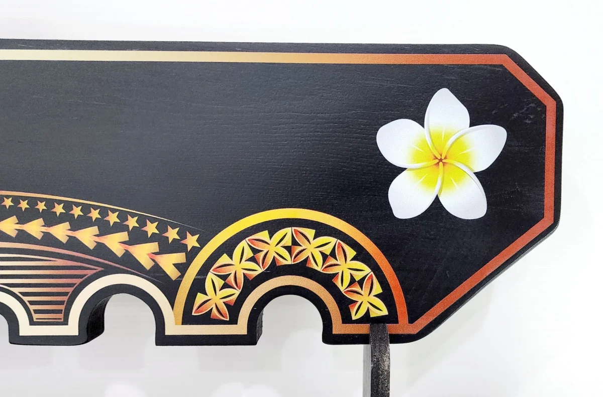 Island Design Golden Red Theme Colour UV Printed Birthday Key with White Frangipani Flower and Matching Colour Stand