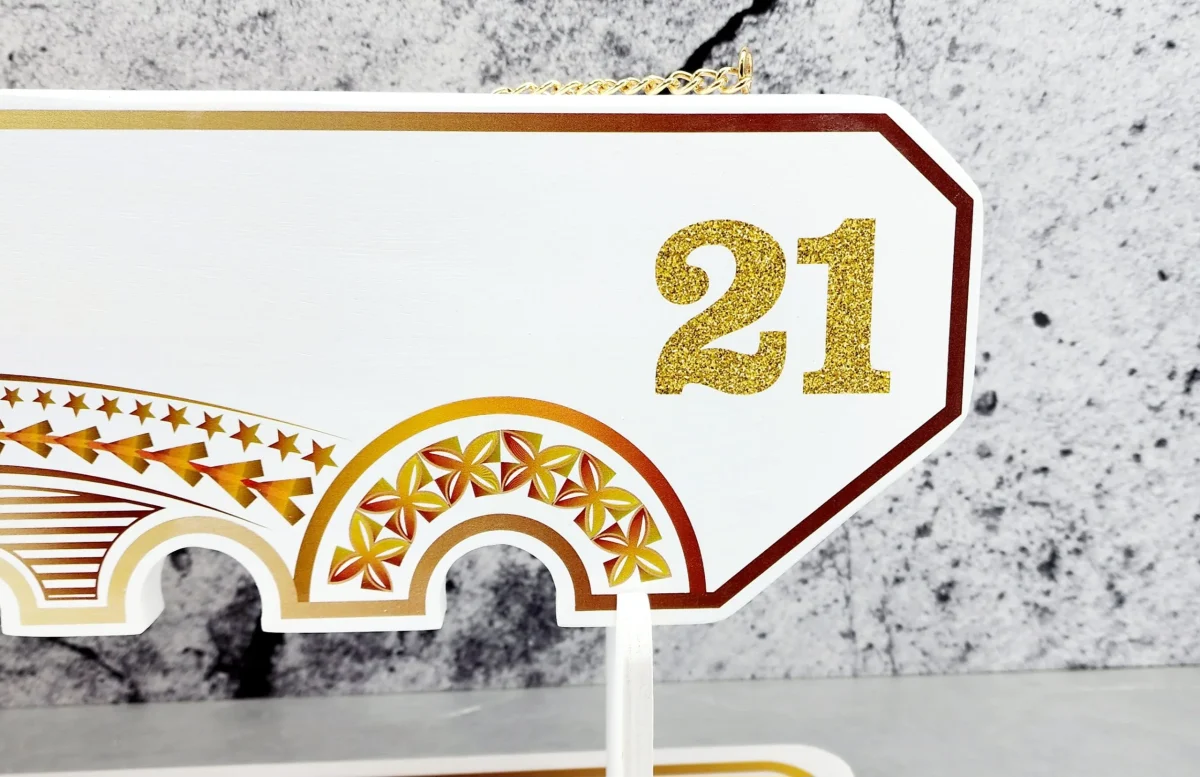 Island Design Golden Red Theme Colour UV Printed Birthday Key with Golden Glitter Look "21" and Matching Colour Stand
