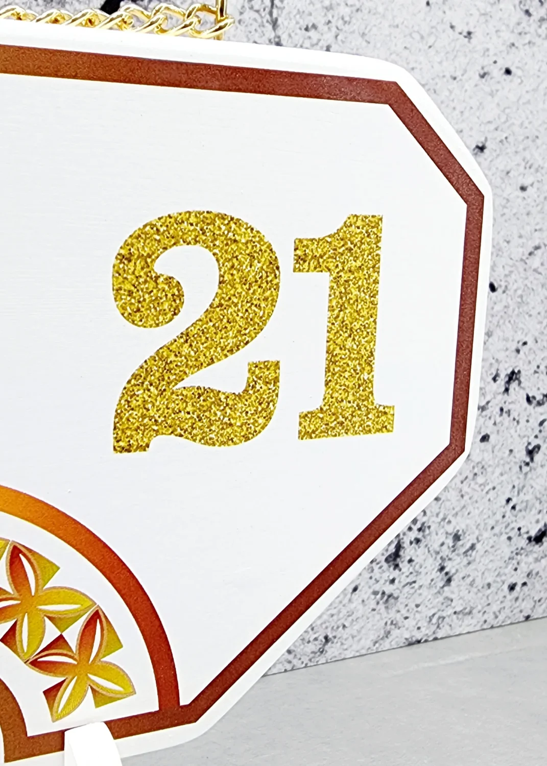 Island Design Golden Red Theme Colour UV Printed Birthday Key with Golden Glitter Look "21" and Matching Colour Stand