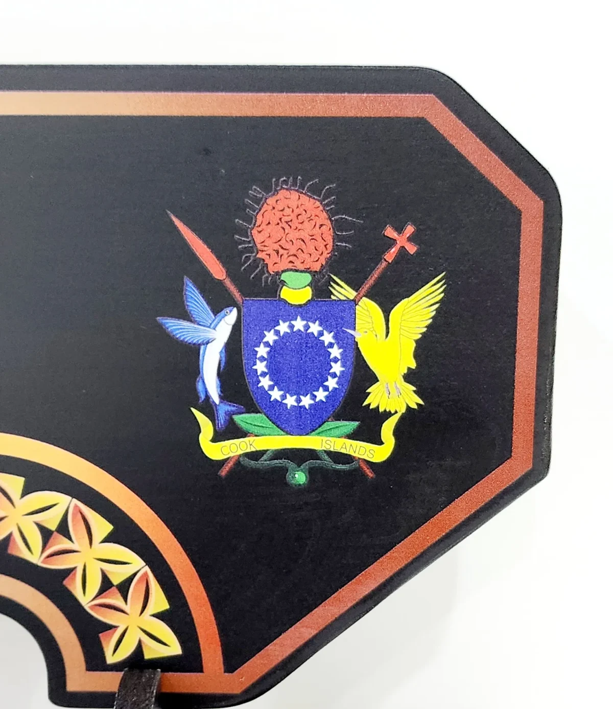 Island Design Golden Red Theme Colour UV Printed Birthday Key with Coat of Arms of Cook Island and Matching Colour Stand