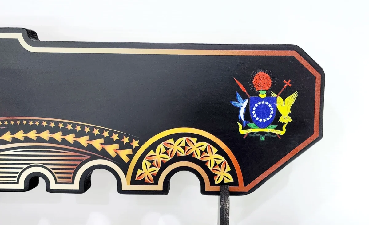 Island Design Golden Red Theme Colour UV Printed Birthday Key with Coat of Arms of Cook Island and Matching Colour Stand