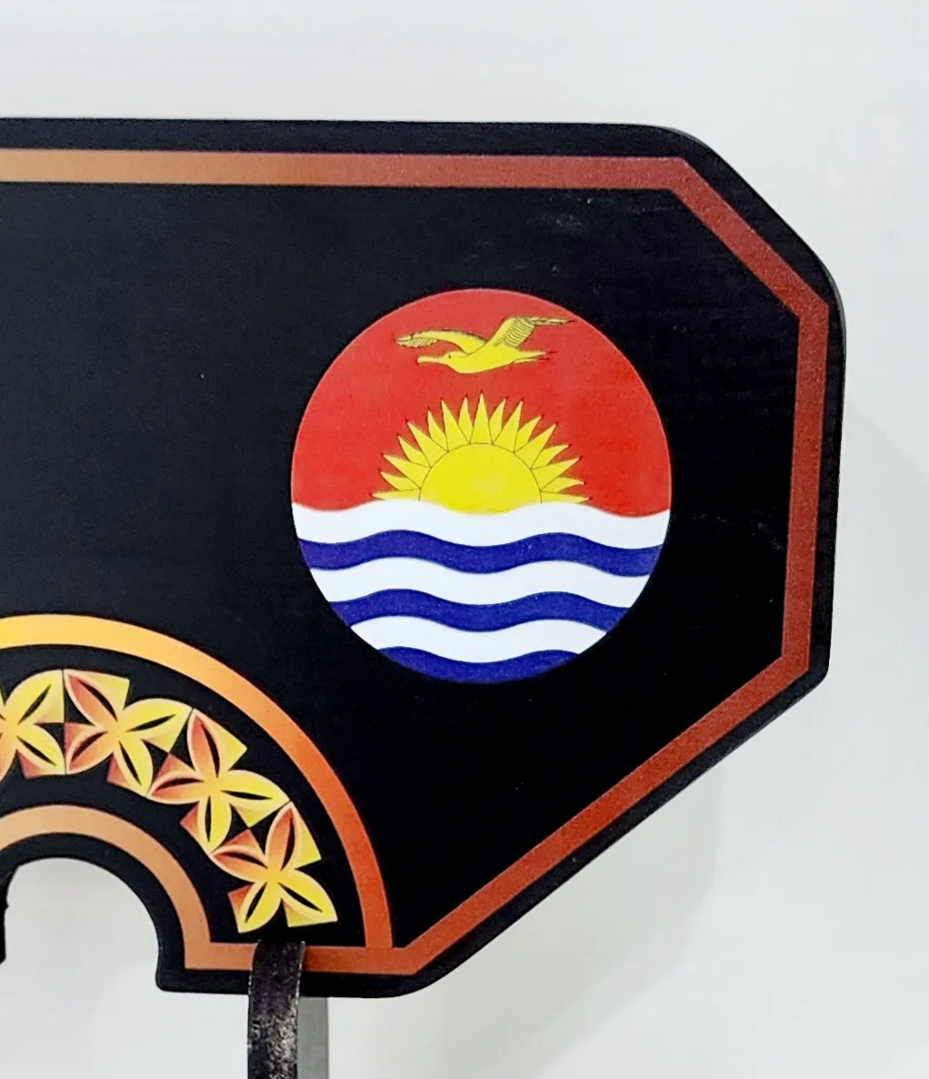 Island Design Golden Red Theme Colour UV Printed Birthday Key with Coloured Kiribati Flag and Matching Colour Stand
