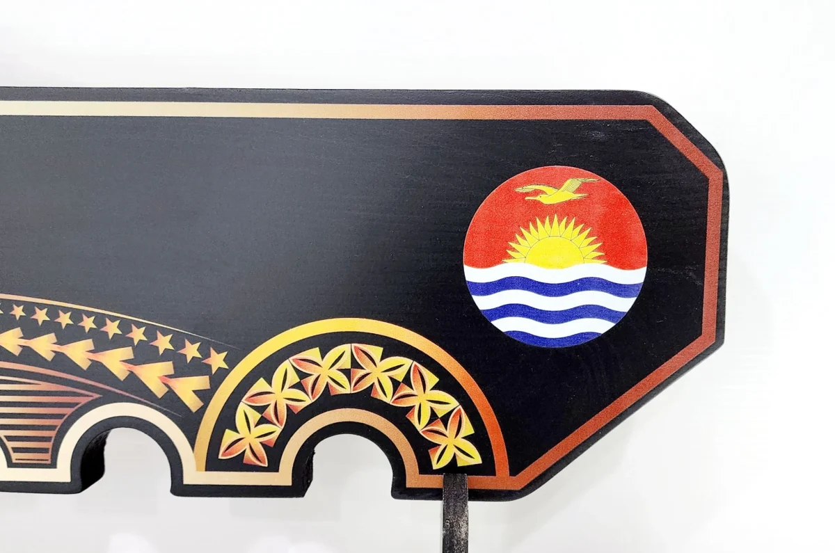 Island Design Golden Red Theme Colour UV Printed Birthday Key with Coloured Kiribati Flag and Matching Colour Stand