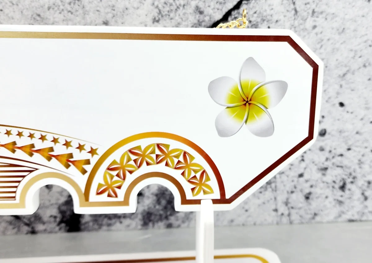 Island Design Golden Red Theme Colour UV Printed Birthday Key with White Frangipani Flower and Matching Colour Stand