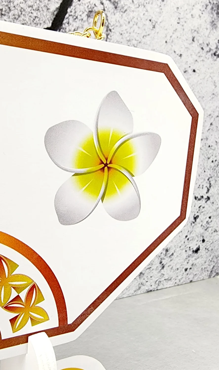 Island Design Golden Red Theme Colour UV Printed Birthday Key with White Frangipani Flower and Matching Colour Stand