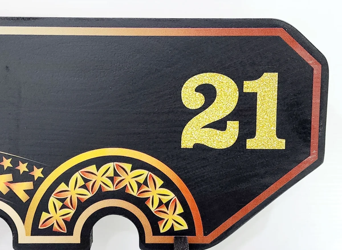 Island Design Golden Red Theme Colour UV Printed Birthday Key with Golden Glitter Look ?21? and Matching Colour Stand