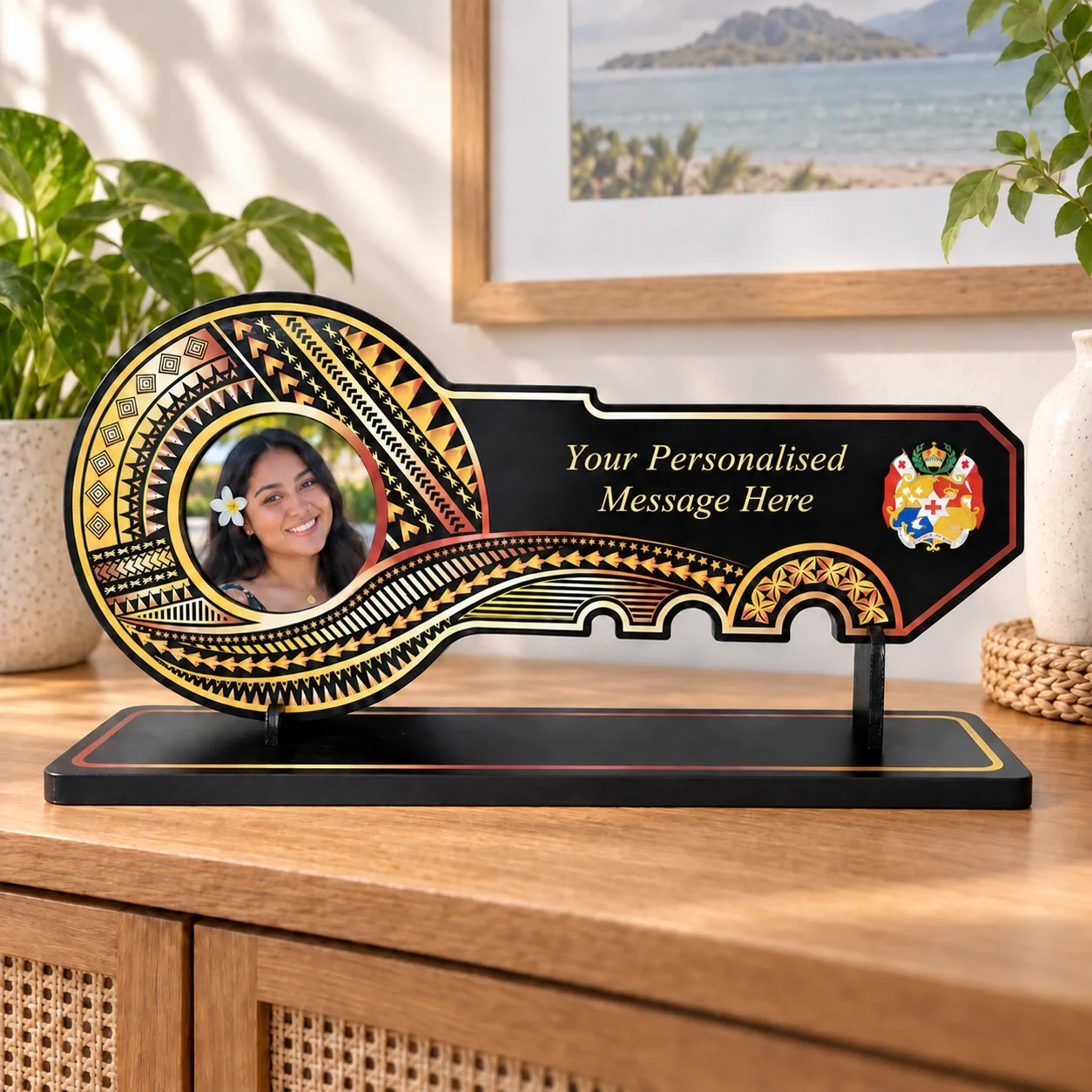 Island Design Golden Red Theme Colour UV Printed Birthday Key with Coloured Tongan Sila and Matching Colour Stand