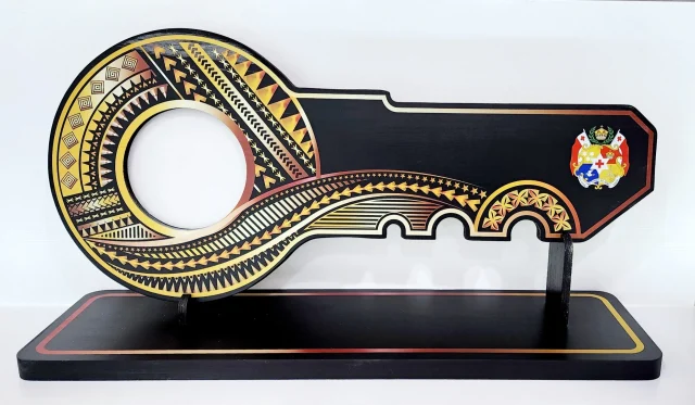 Island Design Golden Red Theme Colour UV Printed Birthday Key with Coloured Tongan Sila and Matching Colour Stand