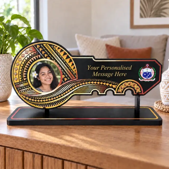 Island Design Golden Red Theme Colour UV Printed Birthday Key with Coloured Samoan Sila and Matching Colour Stand
