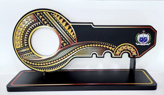 Island Design Golden Red Theme Colour UV Printed Birthday Key with Coloured Samoan Sila and Matching Colour Stand